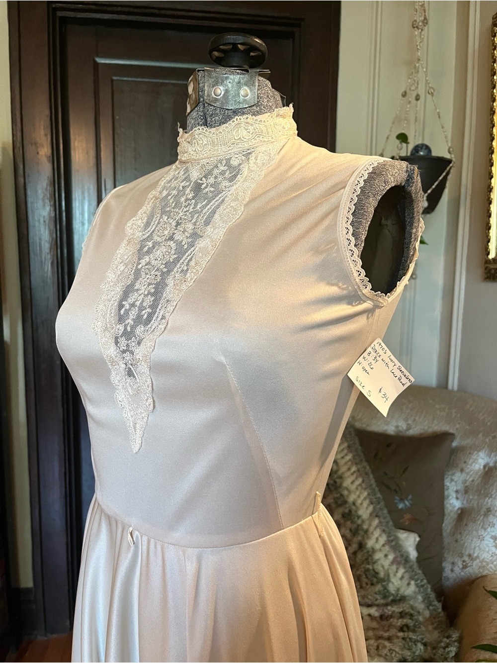 Ivory Lace Trim High-Neck Sleeveless Dress